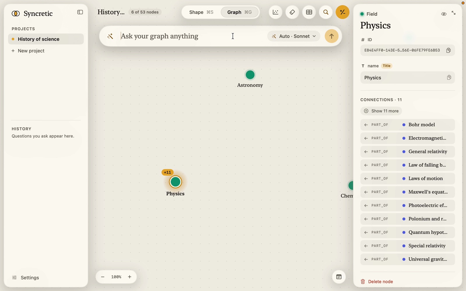 The search bar in Auto mode reading Ask your graph anything, with the Auto · Sonnet chip and gold submit button