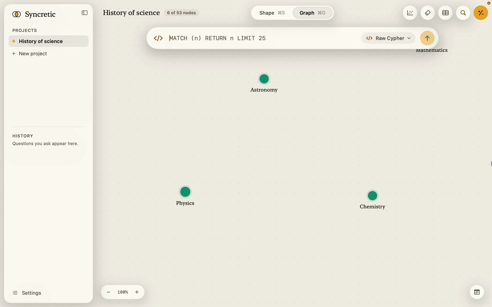 The search bar in Raw Cypher mode with a mono placeholder MATCH (n) RETURN n LIMIT 25