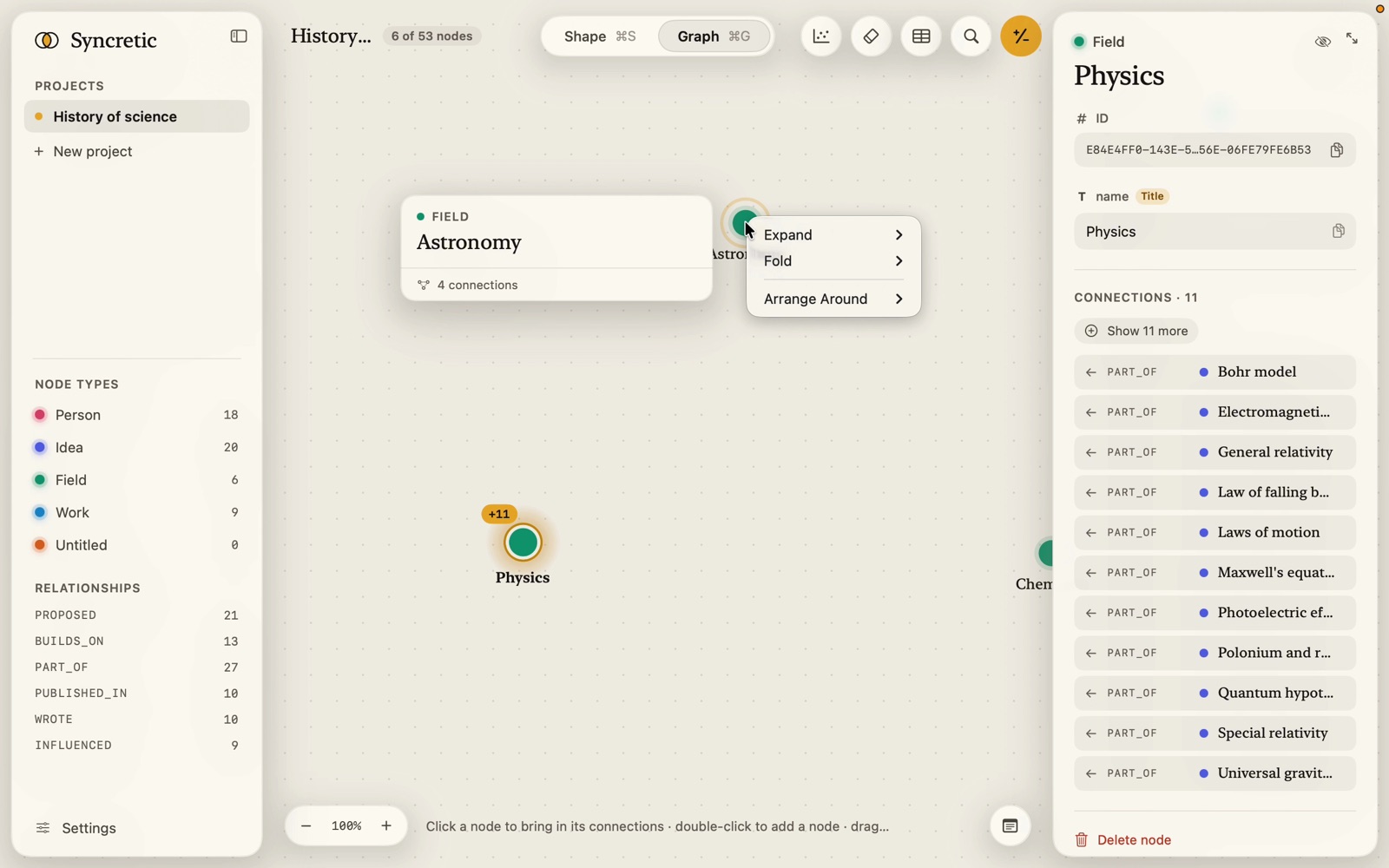 Right-click menu on the Astronomy node with Expand, Fold and Arrange Around