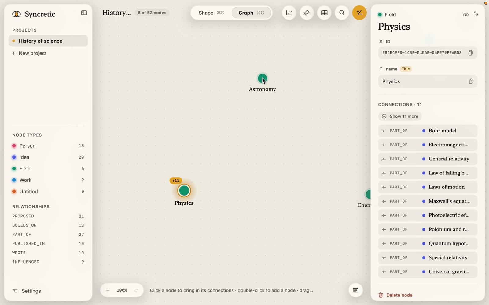 The inspector for Physics showing its type, ID, name property and eleven PART_OF connections, with Show 11 more